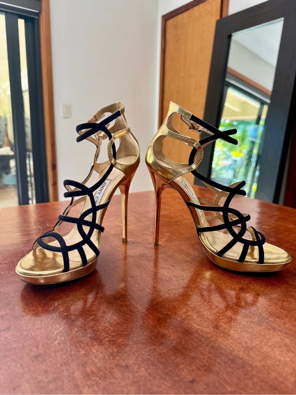 Jimmy Choo Black Suede and Gold Metallic Strappy Heels